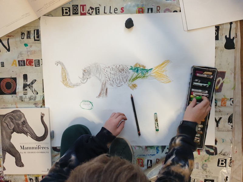 Enfant dessinant un animal imaginaire mi-éléphant mi-poisson avec des pastels sur une grande feuille blanche.